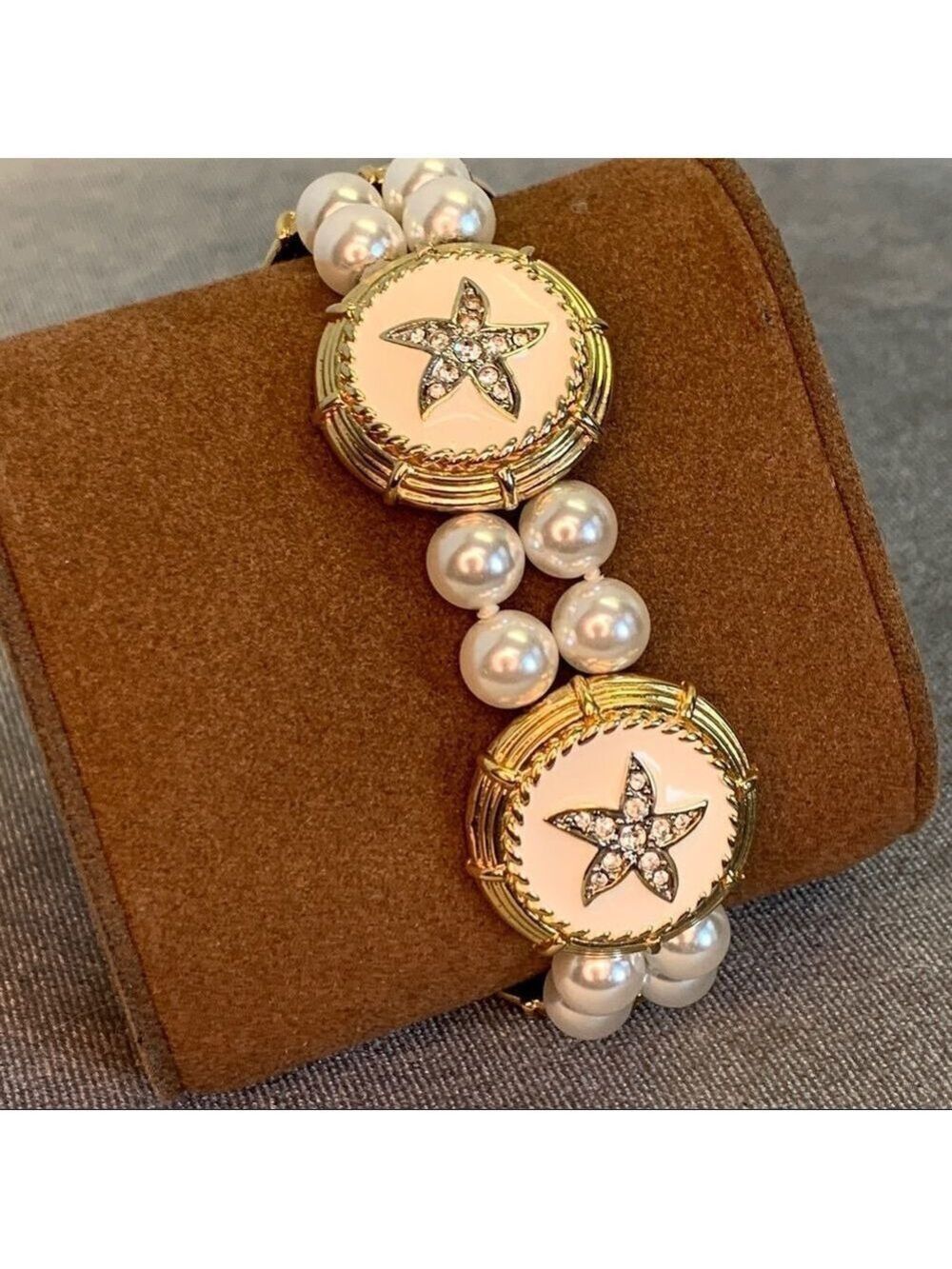 Vintage Butler Faux Pearl Starfish Bracelet Gold Tone & Enamel
